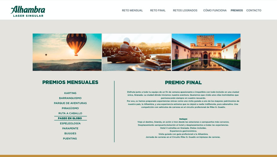 Página informativa sobre los premios en la web de Alhambra creada por Slogan