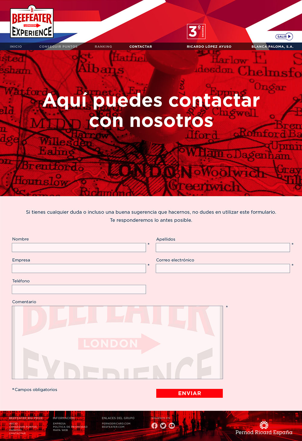 Formulario de contacto de la web de Beefeater Experience creado por Slogan