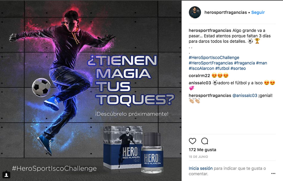 Publicación de Instagram creada por Slogan con un hombre controlando un balón de forma acrobática para la activación de un sorteo para el lanzamiento de la nueva fragancia Hero Sport Isco de Antonio Puig