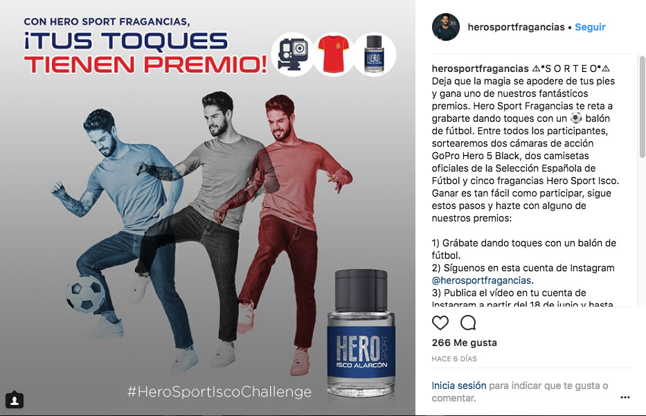 Publicación de Instagram creada por Slogan donde aparece Isco Alarcón controlando un balón para activar un sorteo en Instagram de la nueva fragancia Hero Sport Isco de Antonio Puig