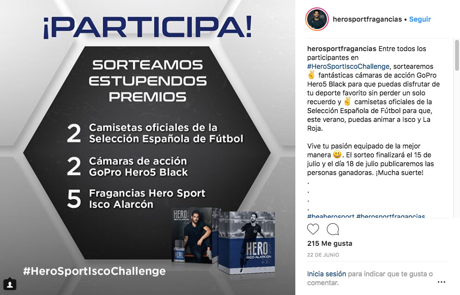 Publicación en Instagram creada por Slogan con la información para participar en el sorteo de premios de la nueva fragancia Hero Sport Isco de Antonio Puig