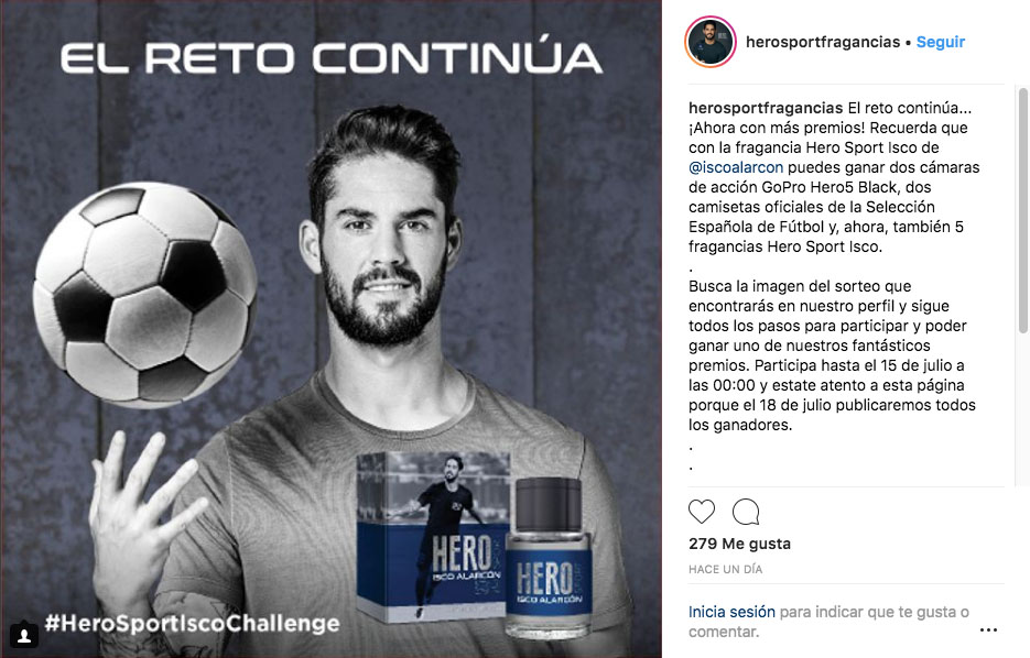 Publicación de Instagram creada por Slogan donde aparece Isco Alarcón con un balón en la mano para activar un sorteo en Instagram de la nueva fragancia Hero Sport Isco de Antonio Puig