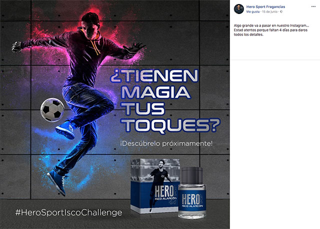 Publicación de Instagram creada por Slogan con un hombre controlando un balón de forma acrobática para la activación de un sorteo para el lanzamiento de la nueva fragancia Hero Sport Isco de Antonio Puig