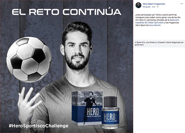 Publicación de Instagram creada por Slogan donde aparece Isco Alarcón con un balón en la mano para activar un sorteo en Instagram de la nueva fragancia Hero Sport Isco de Antonio Puig