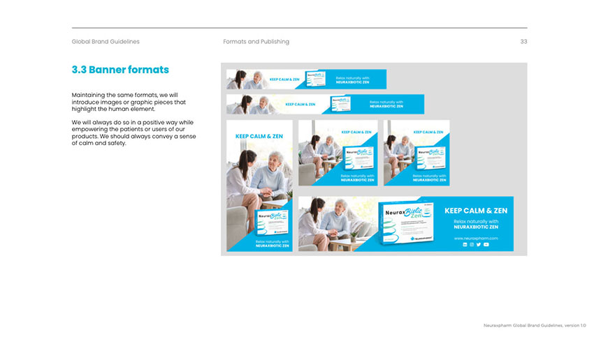 Apartado del Brandbook de Neuraxpharm con ejemplos de diferentes formatos de banner publicitario