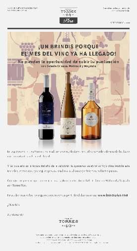 Newsletter del mes del vino para los participantes en el programa de fidelidad Torres Plus